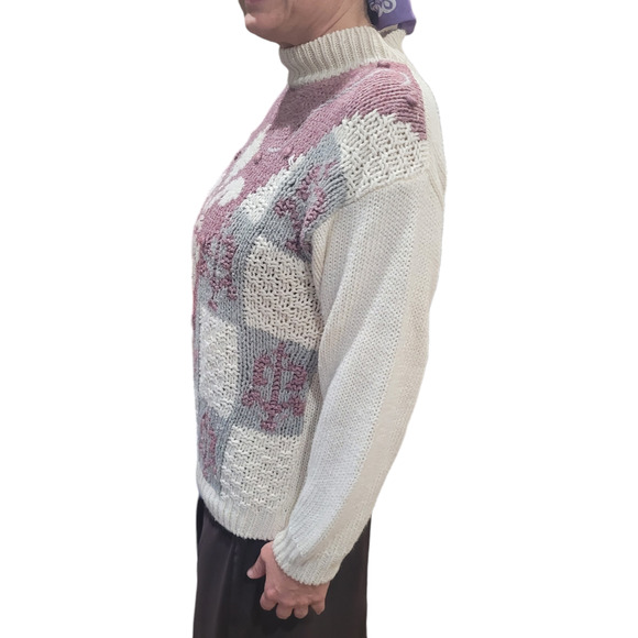 Vintage Country Concepts Pastel Floral Fleur-de-lis Sweater Sz Medium Ramie - Picture 9 of 10